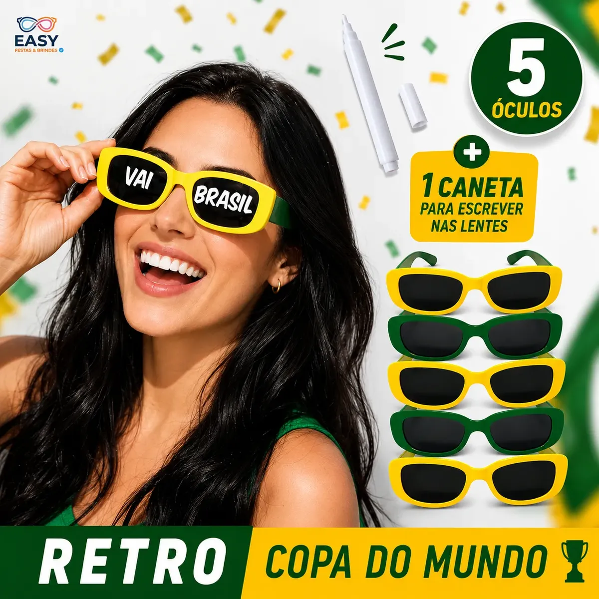 Kit 05 Oculos Brasil Copa Do Mundo Seleção Verde E Amarelo