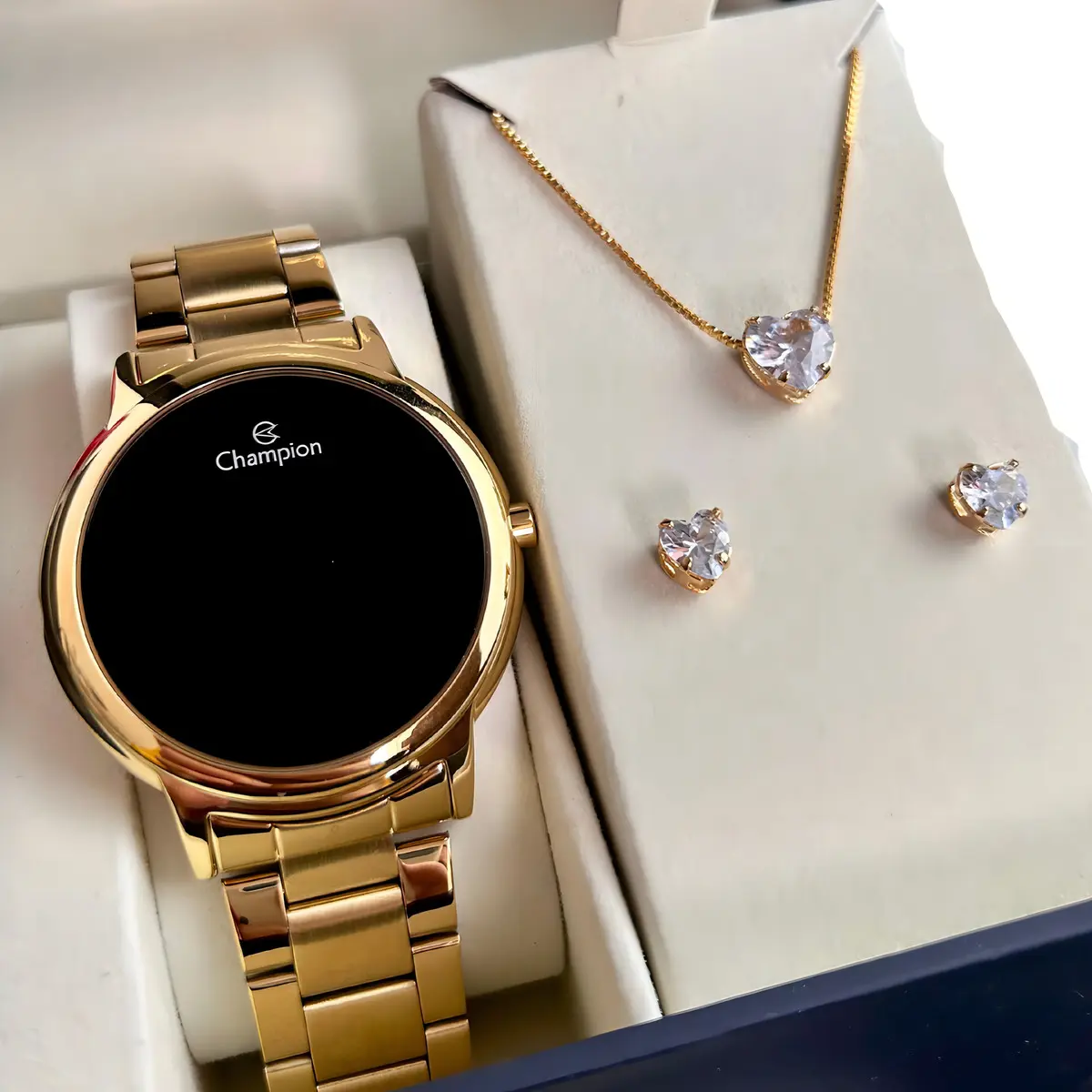 Kit Relógio Feminino Champion Original Dourado Com Fundo Preto Colar E Brincos